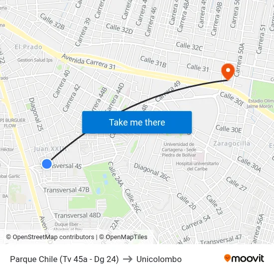 Parque Chile (Tv 45a - Dg 24) to Unicolombo map