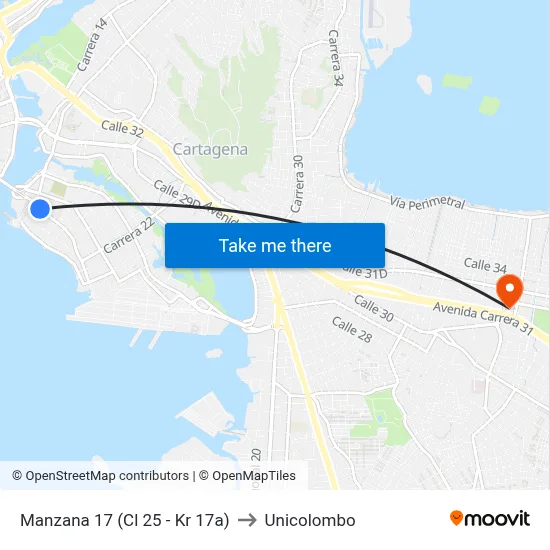 Manzana 17 (Cl 25 - Kr 17a) to Unicolombo map