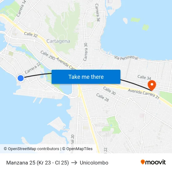Manzana 25 (Kr 23 - Cl 25) to Unicolombo map
