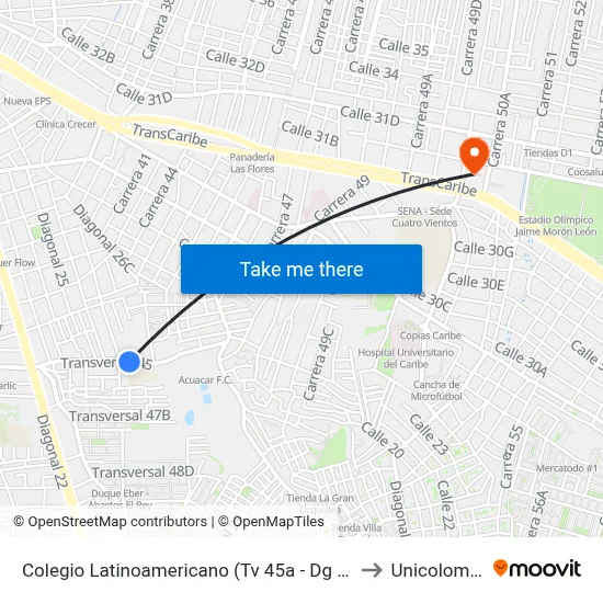 Colegio Latinoamericano (Tv 45a - Dg 26a) to Unicolombo map