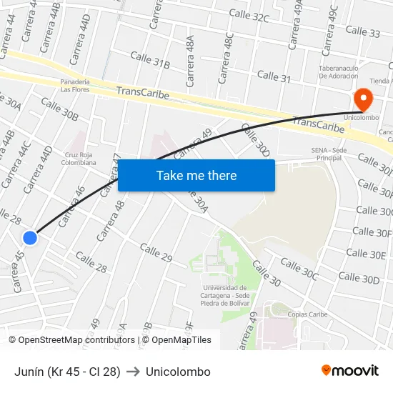 Junín (Kr 45 - Cl 28) to Unicolombo map