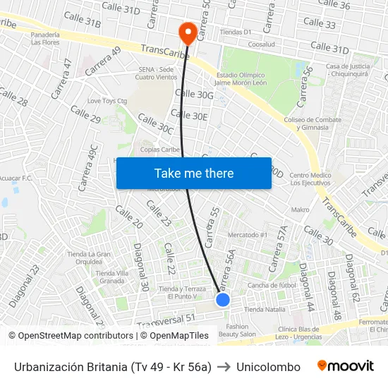 Urbanización Britania (Tv 49 - Kr 56a) to Unicolombo map