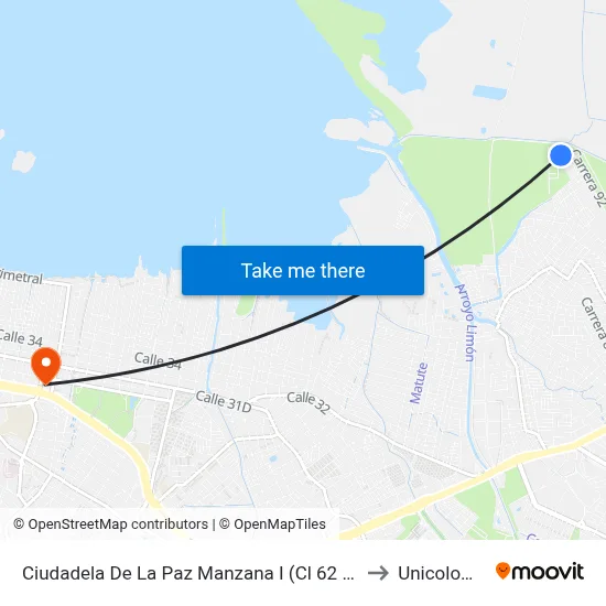 Ciudadela De La Paz Manzana I (Cl 62 - Kr 92) to Unicolombo map