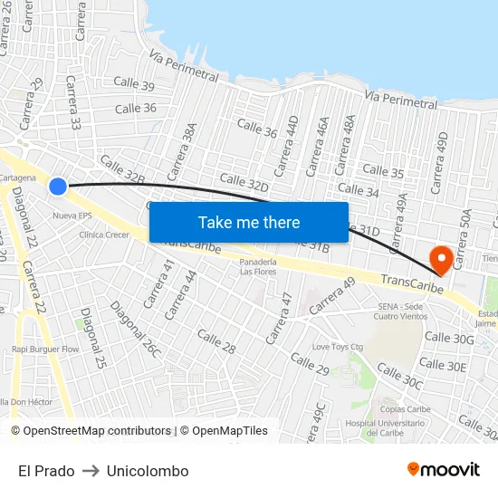 El Prado to Unicolombo map