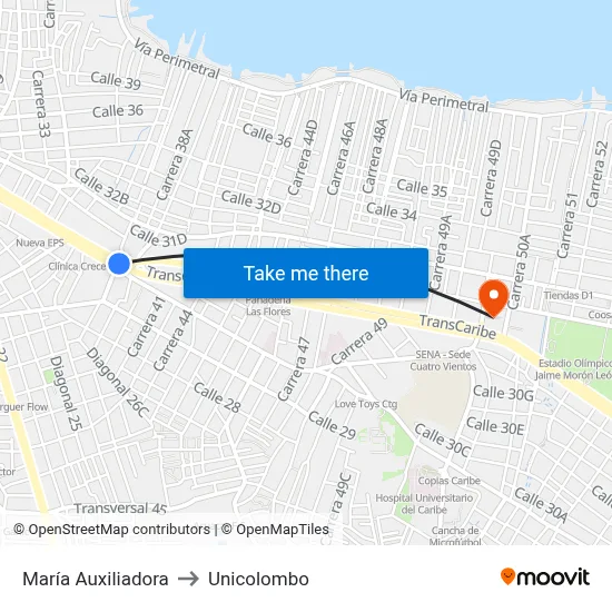 María Auxiliadora to Unicolombo map