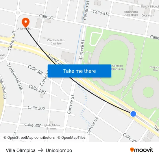 Villa Olímpica to Unicolombo map