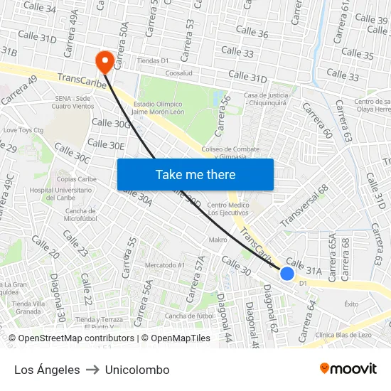Los Ángeles to Unicolombo map