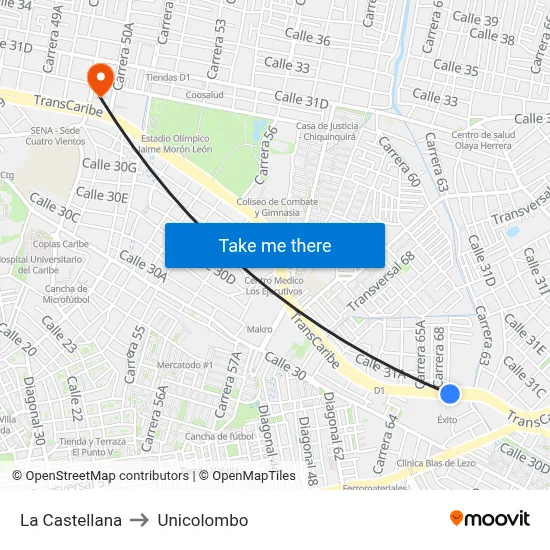 La Castellana to Unicolombo map