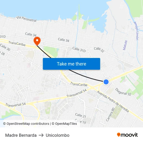 Madre Bernarda to Unicolombo map