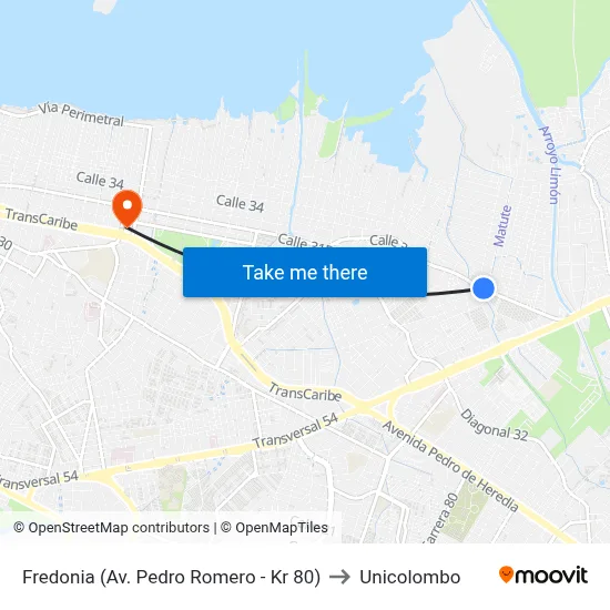 Fredonia (Av. Pedro Romero - Kr 80) to Unicolombo map
