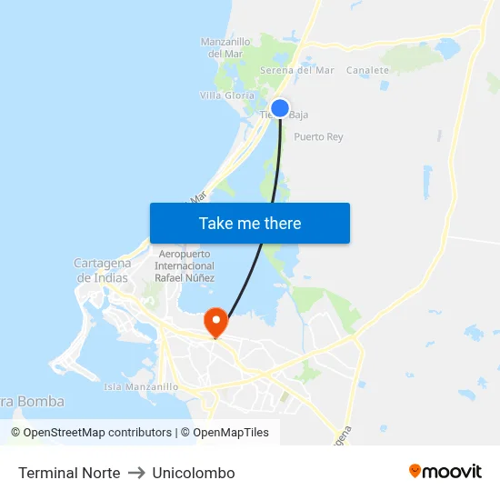 Terminal Norte to Unicolombo map