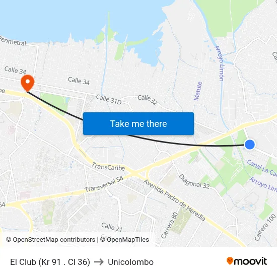 El Club (Kr 91 . Cl 36) to Unicolombo map