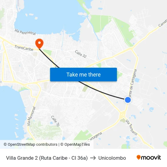 Villa Grande 2 (Ruta Caribe - Cl 36a) to Unicolombo map
