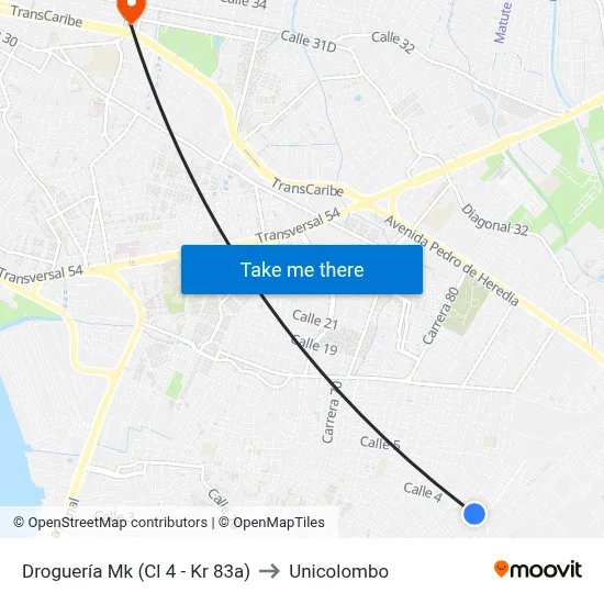Droguería Mk (Cl 4 - Kr 83a) to Unicolombo map
