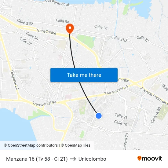 Manzana 16 (Tv 58 - Cl 21) to Unicolombo map