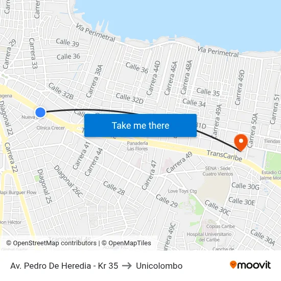 Av. Pedro De Heredia - Kr 35 to Unicolombo map