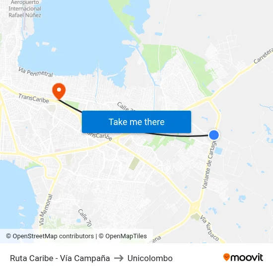 Ruta Caribe - Vía Campaña to Unicolombo map