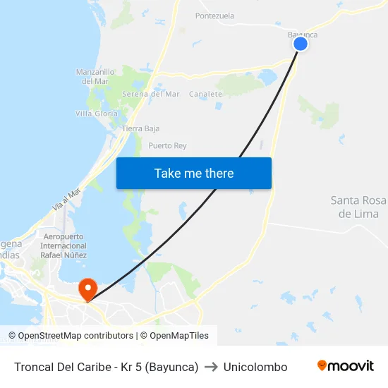 Troncal Del Caribe - Kr 5 (Bayunca) to Unicolombo map