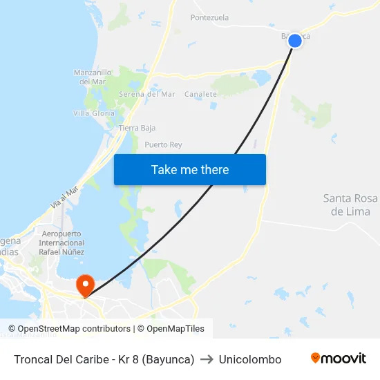 Troncal Del Caribe - Kr 8 (Bayunca) to Unicolombo map