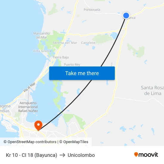 Kr 10 - Cl 18 (Bayunca) to Unicolombo map