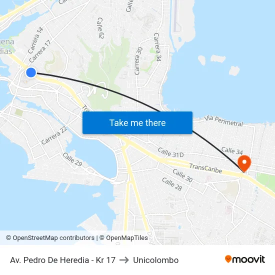 Av. Pedro De Heredia - Kr 17 to Unicolombo map