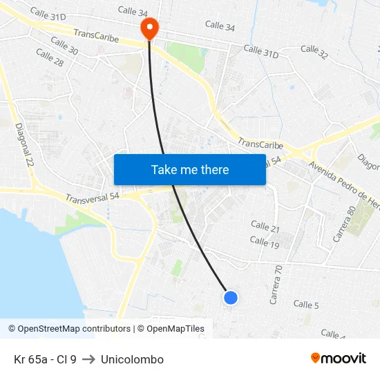 Kr 65a - Cl 9 to Unicolombo map