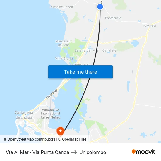 Vía Al Mar - Vía Punta Canoa to Unicolombo map