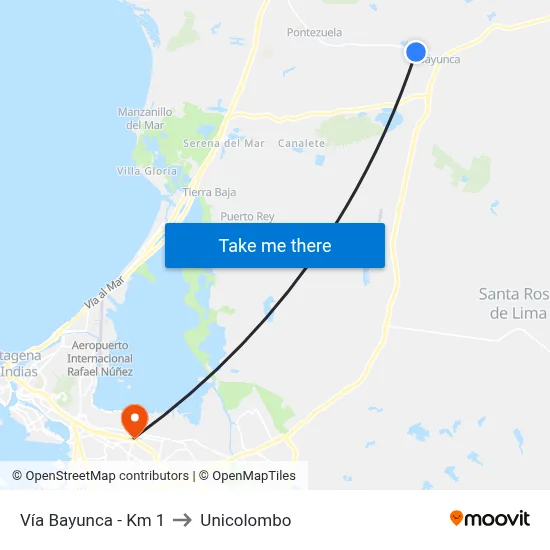 Vía Bayunca - Km 1 to Unicolombo map