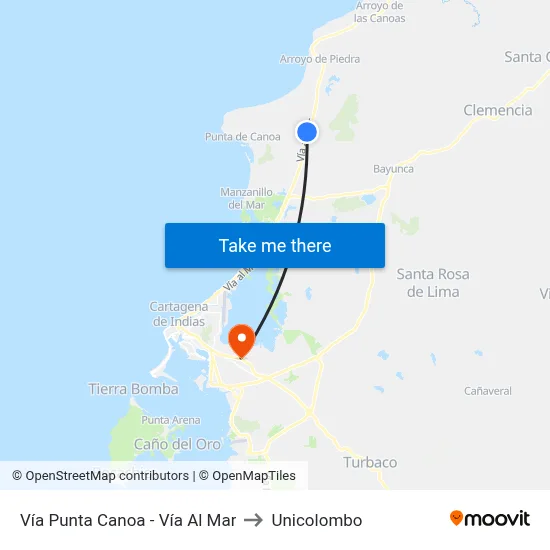 Vía Punta Canoa - Vía Al Mar to Unicolombo map