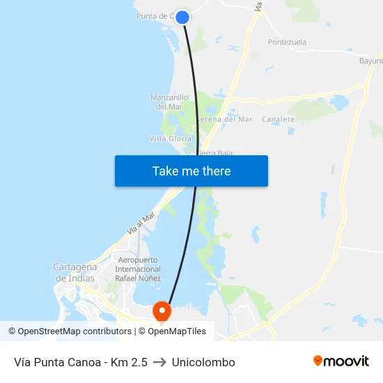 Vía Punta Canoa - Km 2.5 to Unicolombo map