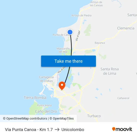 Vía Punta Canoa - Km 1.7 to Unicolombo map