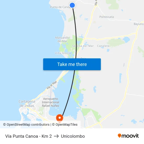 Vía Punta Canoa - Km 2 to Unicolombo map
