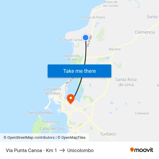 Vía Punta Canoa - Km 1 to Unicolombo map