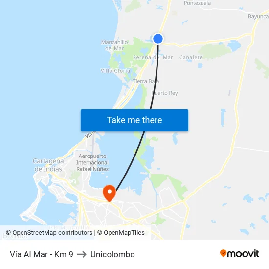 Vía Al Mar - Km 9 to Unicolombo map