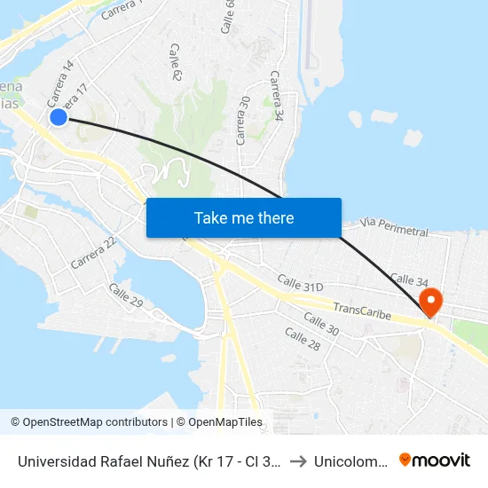 Universidad Rafael Nuñez (Kr 17 - Cl 35a) to Unicolombo map
