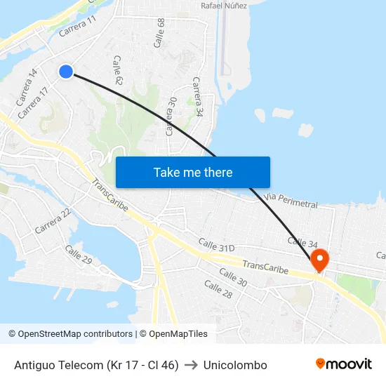 Antiguo Telecom (Kr 17 - Cl 46) to Unicolombo map