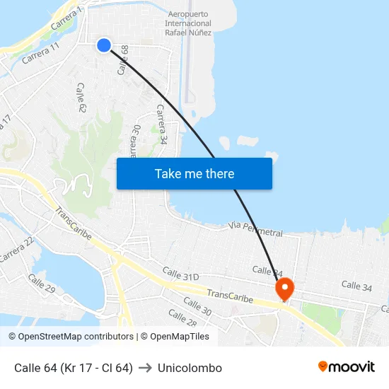Calle 64 (Kr 17 - Cl 64) to Unicolombo map