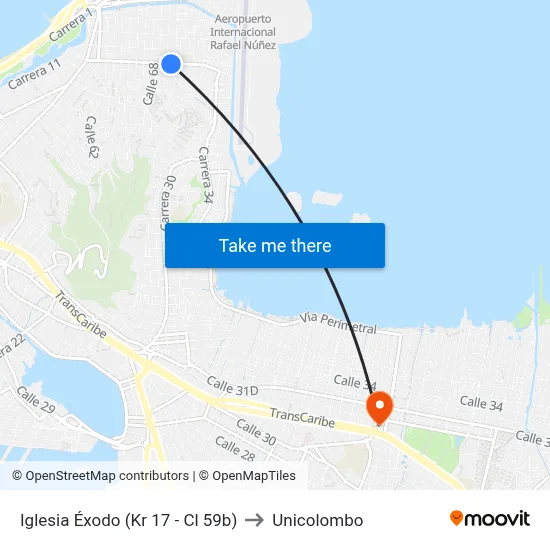 Iglesia Éxodo (Kr 17 - Cl 59b) to Unicolombo map