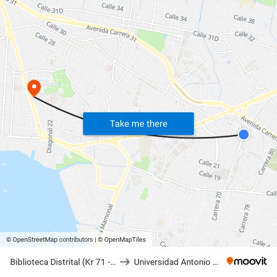 Biblioteca Distrital (Kr 71 - Cl 30) to Universidad Antonio Nariño map