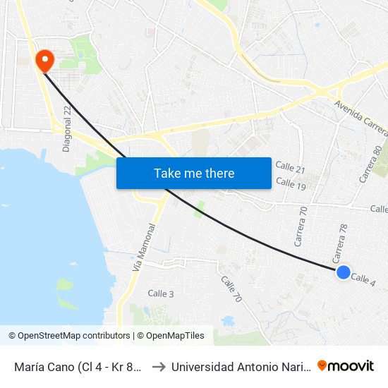 María Cano (Cl 4 - Kr 80b) to Universidad Antonio Nariño map