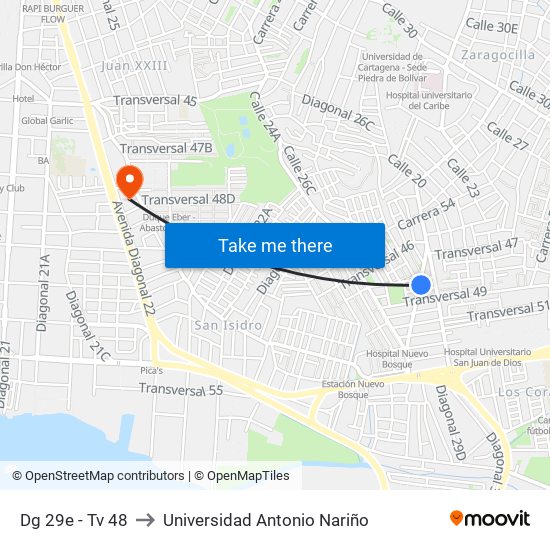 Dg 29e - Tv 48 to Universidad Antonio Nariño map