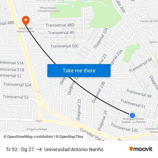 Tv 52 - Dg 27 to Universidad Antonio Nariño map