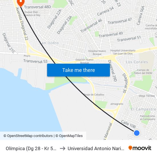 Olímpica (Dg 28 - Kr 57) to Universidad Antonio Nariño map