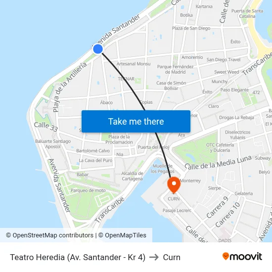 Teatro Heredia (Av. Santander - Kr 4) to Curn map