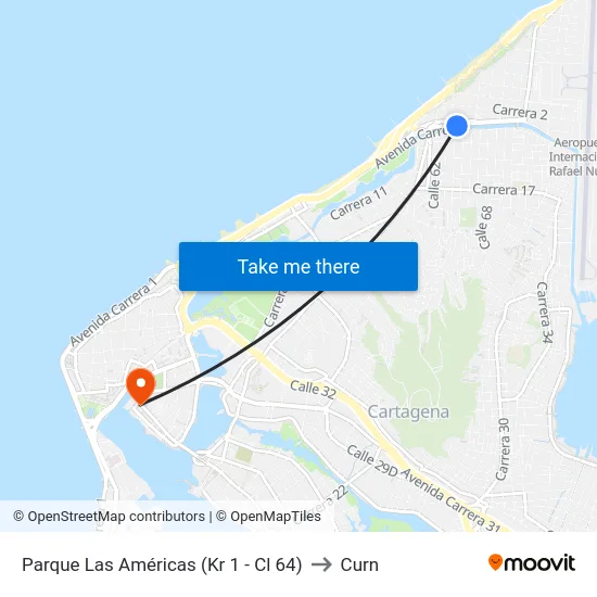 Parque Las Américas (Kr 1 - Cl 64) to Curn map