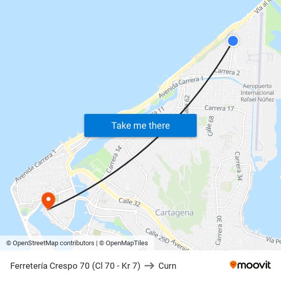 Ferretería Crespo 70 (Cl 70 - Kr 7) to Curn map