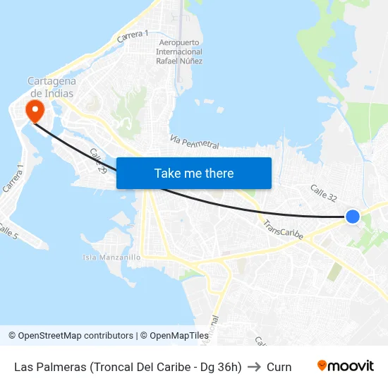 Las Palmeras (Troncal Del Caribe - Dg 36h) to Curn map