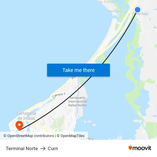 Terminal Norte to Curn map
