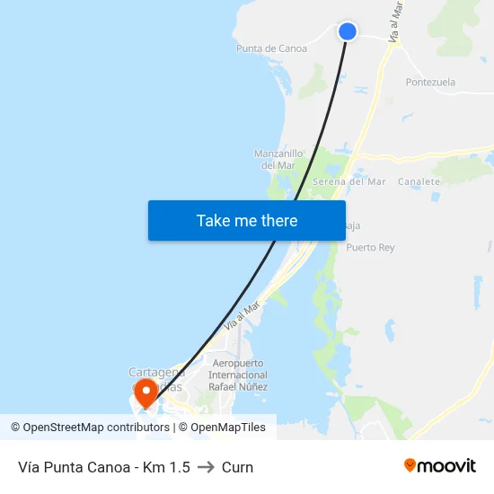 Vía Punta Canoa - Km 1.5 to Curn map