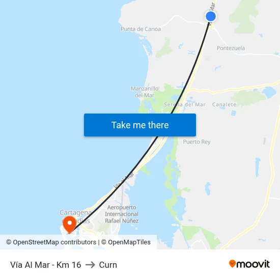 Vía Al Mar - Km 16 to Curn map